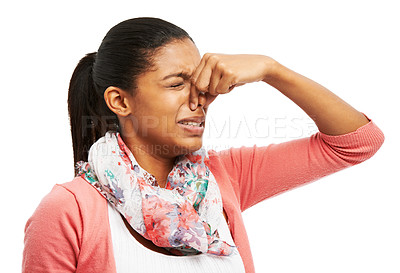 Buy stock photo Bad smell, woman and nose pinch with upset, disgust and odor problem in studio with rank scent. Gross, aroma and yuck with holding from foul fragrance and unhappy from gas and white background