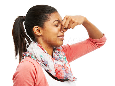 Buy stock photo Bad smell, woman and nose pinch with gas, disgust and odor problem in studio with rank scent. Gross, aroma and yuck with holding from foul fragrance and unhappy from perfume and white background