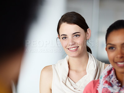 Buy stock photo Meeting, training and collaboration with a business woman listening to her manager or boss during a coaching at work. Team, marketing and strategy with a female employee planning with colleagues