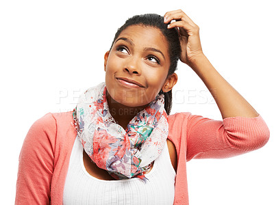 Buy stock photo Thinking, looking up and face of woman in studio for announcement, discount news and information. Advertising, ideas and isolated person for question, promotion and thoughtful on white background