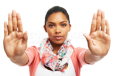 Buy stock photo Hands, stop and portrait of woman in studio with gesture for rejection, refuse and no on white background. Reaction, body language and isolated person with palms for self defense, warning and protest