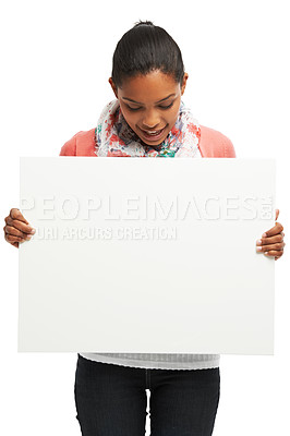 Buy stock photo Happy woman, billboard and advertising with mockup for campaign, message or alert on a white studio background. Young, female person or model with poster or space for marketing, notification or sale