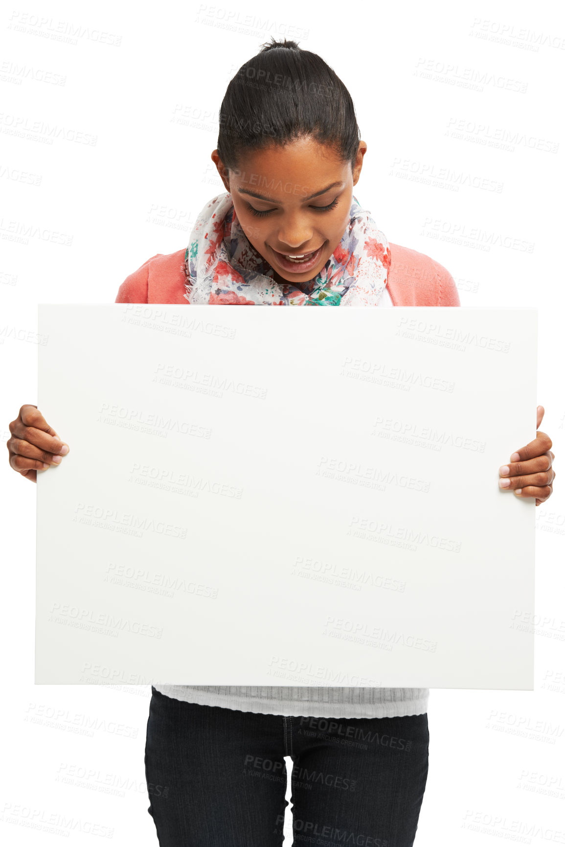 Buy stock photo Happy woman, billboard and advertising with mockup for campaign, message or alert on a white studio background. Young, female person or model with poster or space for marketing, notification or sale