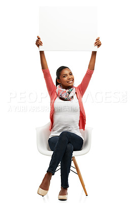 Buy stock photo Banner, chair and portrait of woman in studio for news, advertising and promotion. Mockup space, billboard and face of person with poster for announcement, information and bargain on white background