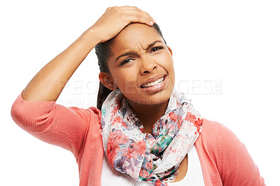 Buy stock photo African woman, portrait and mistake in studio for regret, stress and headache with worried or trouble. Female person, face and problem on white background for fail, concern and fear with anxiety