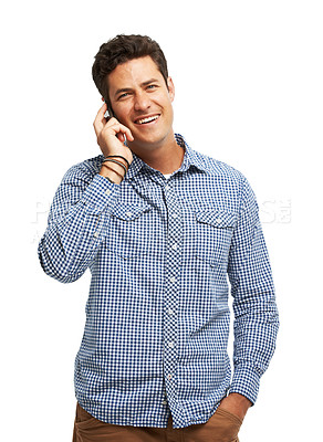 Buy stock photo Happy, man and phone call with portrait in studio for communication, connection and digital chat. Online, network and person with tech for contact, discussion and conversation on white background