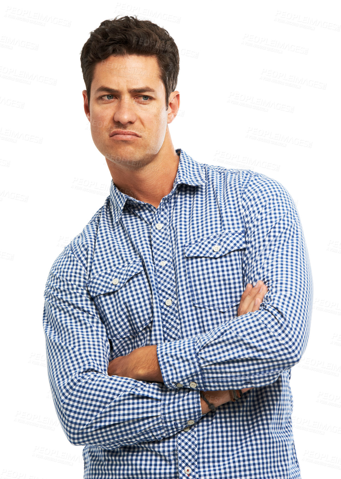 Buy stock photo Angry, man and arms crossed with attitude in studio for drama, problem and disgust in conflict. Frustrated, male person and offended expression for gossip, fake news and whatever on white background