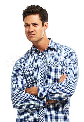 Buy stock photo Portrait, confused and man with arms crossed, doubt and model isolated on white studio background. Face, person and guy with facial expression, reaction and why with questions, suspicious and emoji