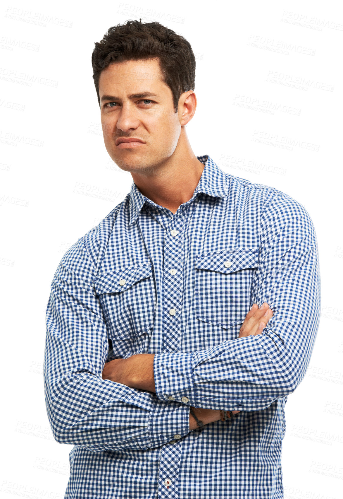 Buy stock photo Portrait, confused and man with arms crossed, doubt and model isolated on white studio background. Face, person and guy with facial expression, reaction and why with questions, suspicious and emoji