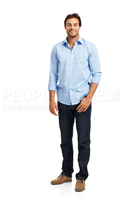 Buy stock photo Portrait of a man standing alone isolated on a white background. Caucasian male fashion model with one hand in his pocket. Happy attractive young stylish guy with a bright smile looking at the camera