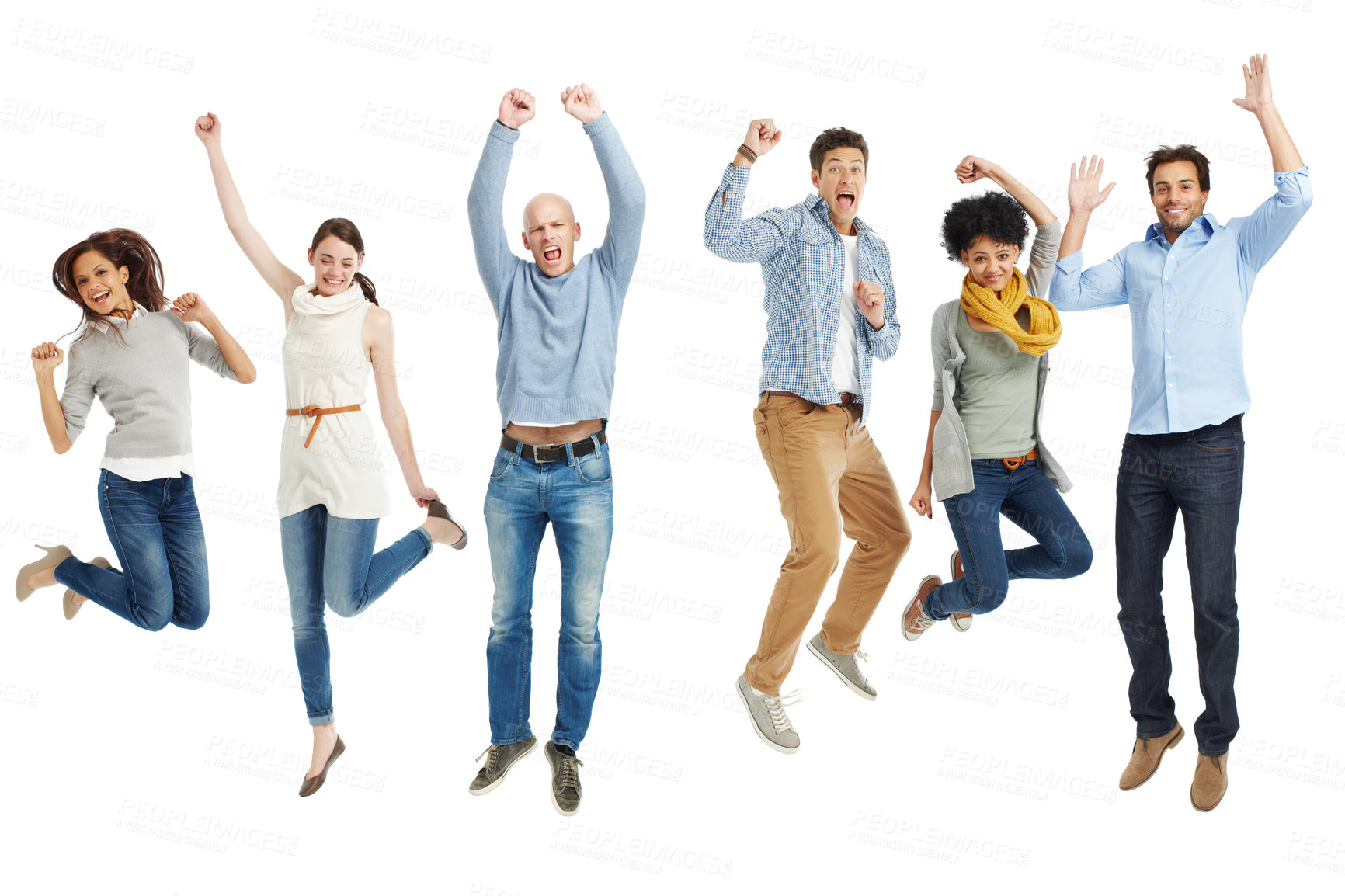 Buy stock photo Happy, jump and portrait of people in studio for team building, collaboration and job success. Employee, smile and excited with celebration for partnership, achievement or winning on white background