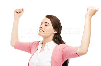 Buy stock photo Winner, celebrate and business woman in studio for success, winning and job promotion. Professional, happy and isolated person with eyes closed for bonus, victory and achievement on white background