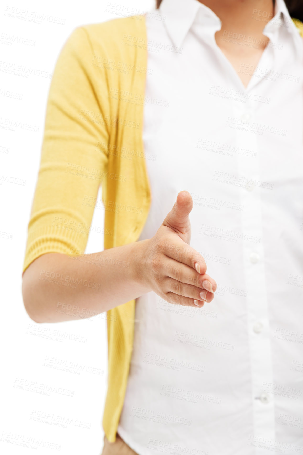 Buy stock photo Woman, studio and hand with greeting as employee for congratulation on job opportunity as hr manager. Female person, closeup and isolated on white background with welcome or thank you for recruitment