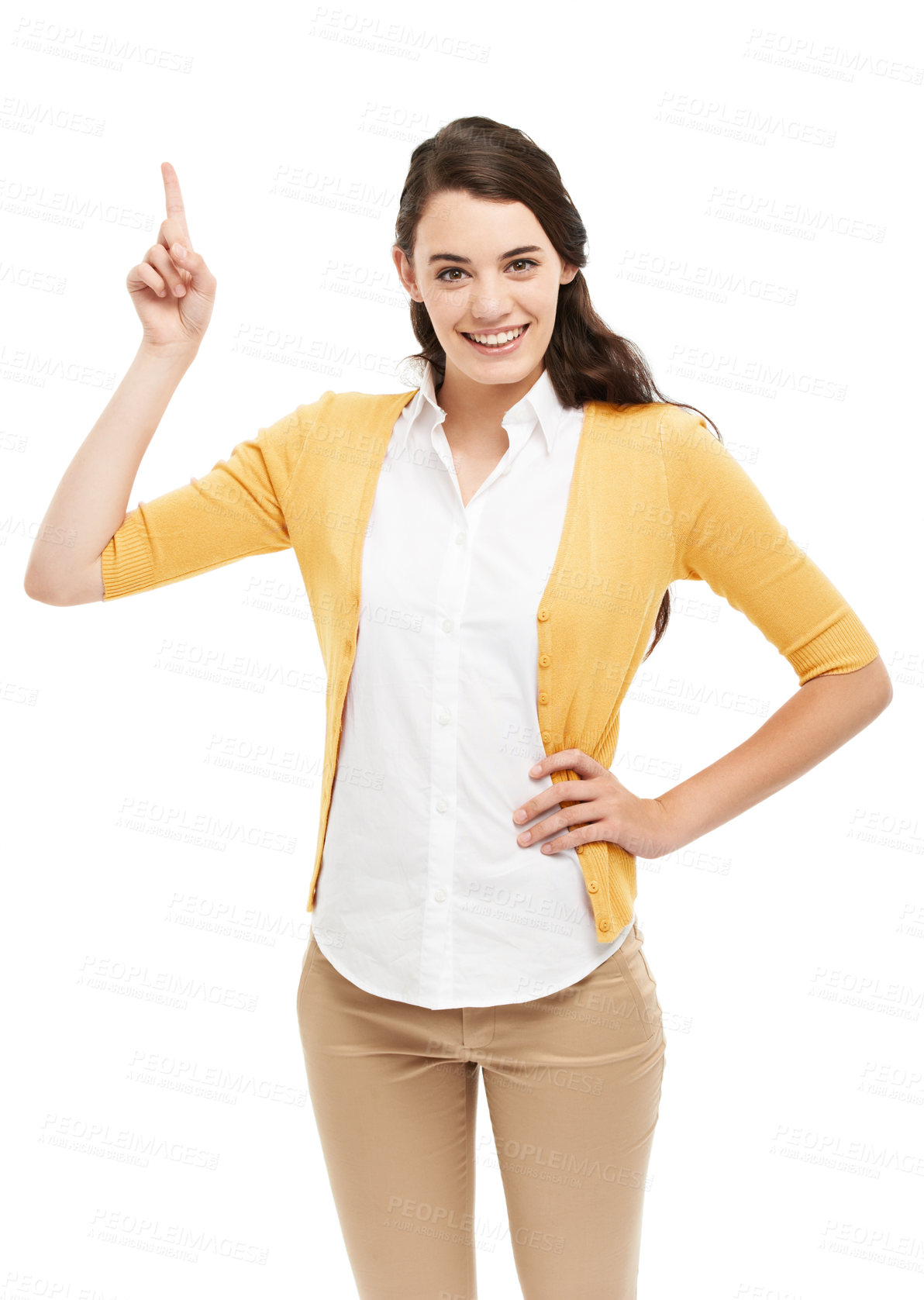 Buy stock photo Woman, portrait with pointing up to show advertisement for college recruitment and apply in studio. Student council, mockup and present promotion for university with announcement and white background