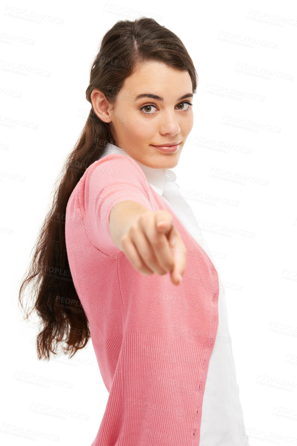Buy stock photo Girl, hand and point at you in studio portrait with decision, recruitment and sign by white background. Student, woman and person for choice, smile or call to action for college scholarship in Italy