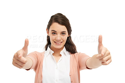 Buy stock photo Girl, smile and thumbs up in studio portrait with vote, choice or decision for education by white background. Person, woman and happy with sign, icon and symbol for yes, like and agreement in Italy