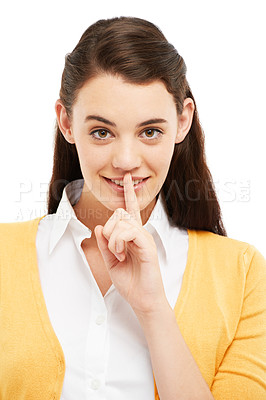 Buy stock photo Girl, finger and silence in studio portrait with secret, choice and excited with emoji by white background. Person, woman and happy with sign, icon and symbol for deal, gossip and story in Italy