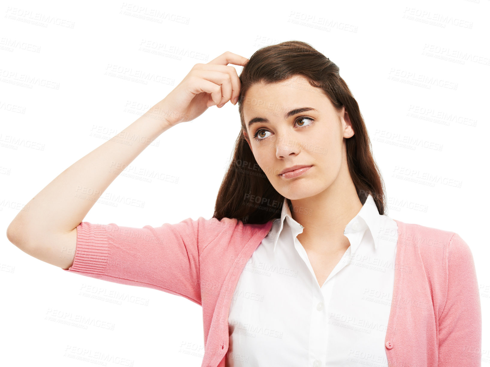 Buy stock photo Woman, student and scratch head in studio for confused with questions, study doubt and thinking of fake news. Lost, girl and mistake with application decision, university option and white background