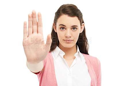 Buy stock photo Portrait, woman and stop with hand gesture in studio for protest announcement, warning sign and violence danger. Serious, girl and fear emoji for conflict attention, human rights and white background