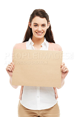 Buy stock photo Poster, happy and portrait of woman in studio for news, announcement and information. Business, mockup space and isolated person with banner for feedback, advertising or promotion on white background