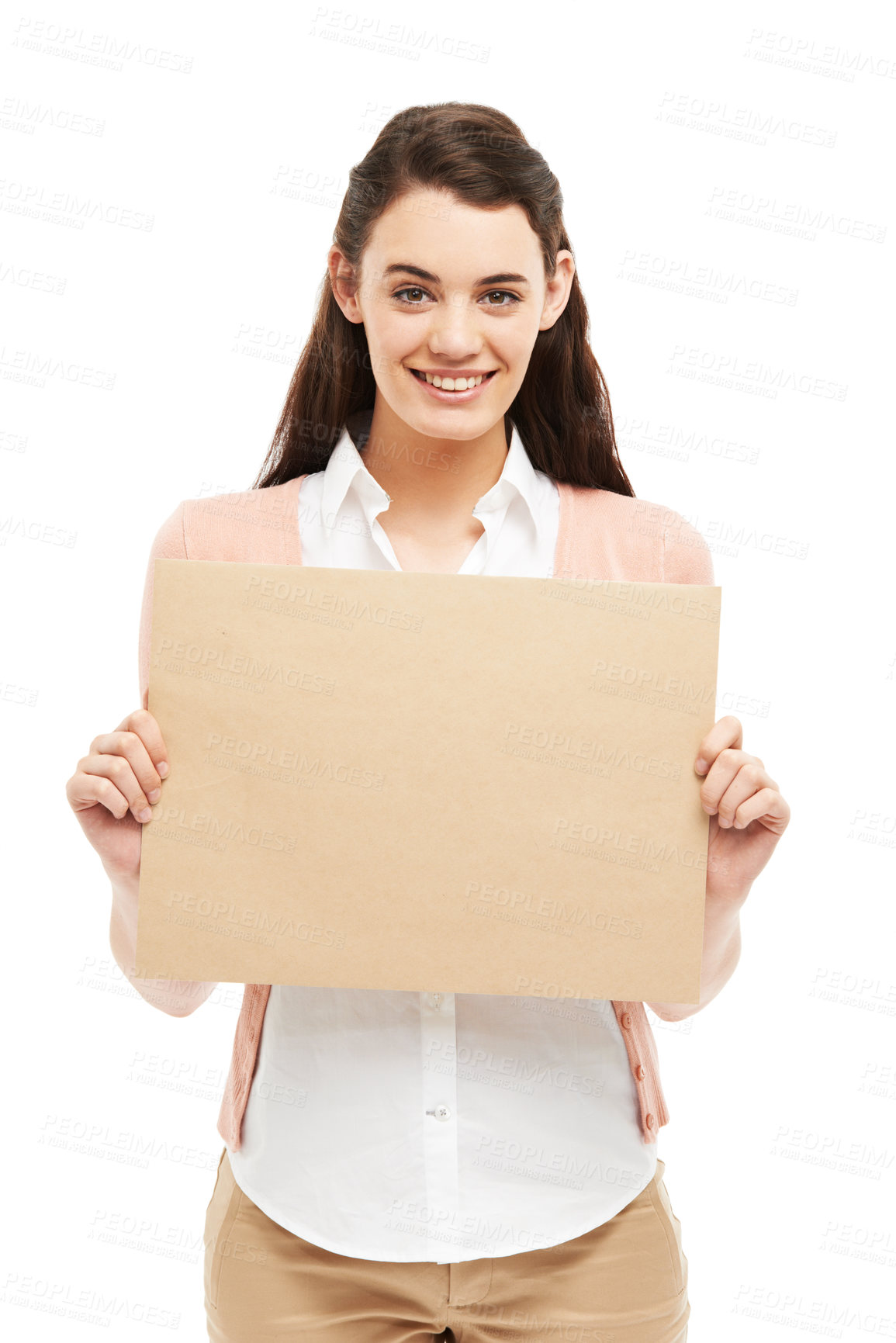 Buy stock photo Poster, happy and portrait of woman in studio for news, announcement and information. Business, mockup space and isolated person with banner for feedback, advertising or promotion on white background