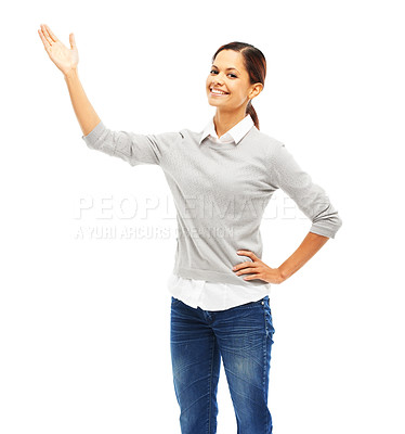 Buy stock photo Woman, portrait or offer in studio for business, funding option or startup opportunity. Entrepreneur, hand gesture or smile on white background space for choice, financial advice or product placement