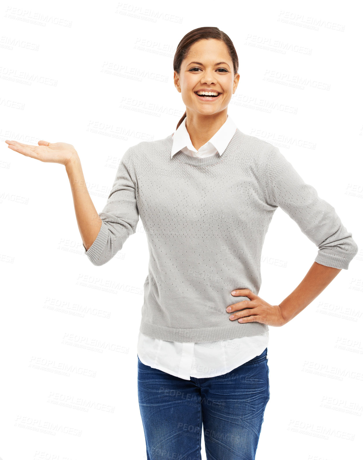 Buy stock photo Portrait, woman and hand gesture for decision in studio with promotion choice, opportunity news and questions. Smile, female person and pride for presentation, sign up and opinion on white background