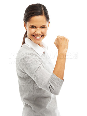 Buy stock photo Portrait, studio and woman with smile, fist pump and excited for achievement, freelancer or writer. White background, creative and proud of journalism, celebration and editor in media or professional