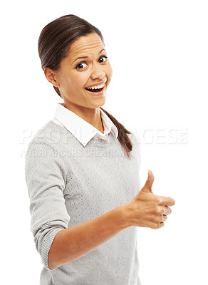 Buy stock photo Model, thumbs up and yes in portrait with happiness, confidence or success on white studio background. Woman, girl and student for smile, hand gesture or agreement for winning, praise or achievement