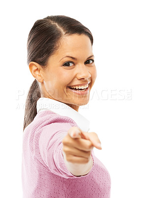 Buy stock photo Woman, portrait and pointing for selection in studio of recruitment, job offer and announcement success. Smile, person and hand gesture of hiring welcome, promotion opportunity and white background