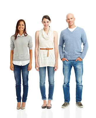 Buy stock photo Portrait of three young adults standing on a white background