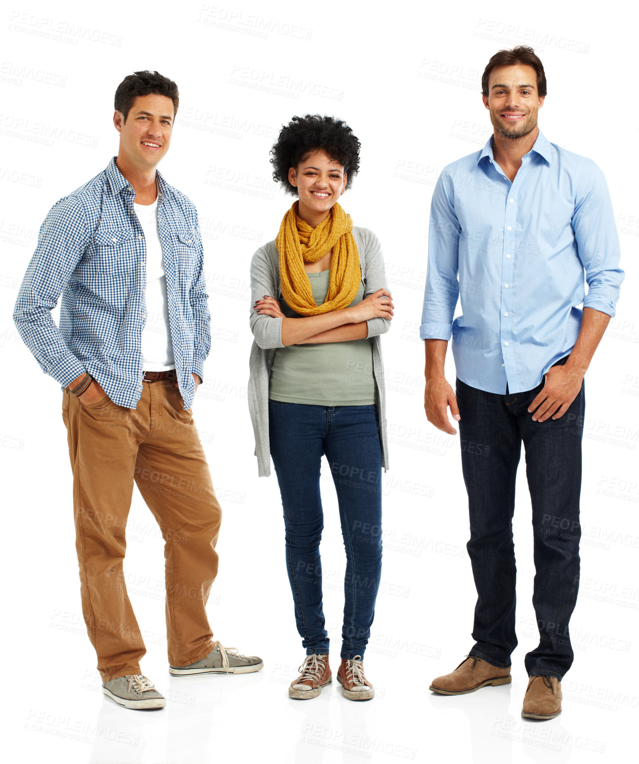 Buy stock photo Portrait of three young adults standing on a white background