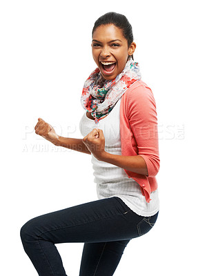 Buy stock photo Woman, portrait and fist pump for victory in studio, winner and lottery prize on white background. Female person, cheers and champion for achievement results, excited and bonus giveaway in Jamaica