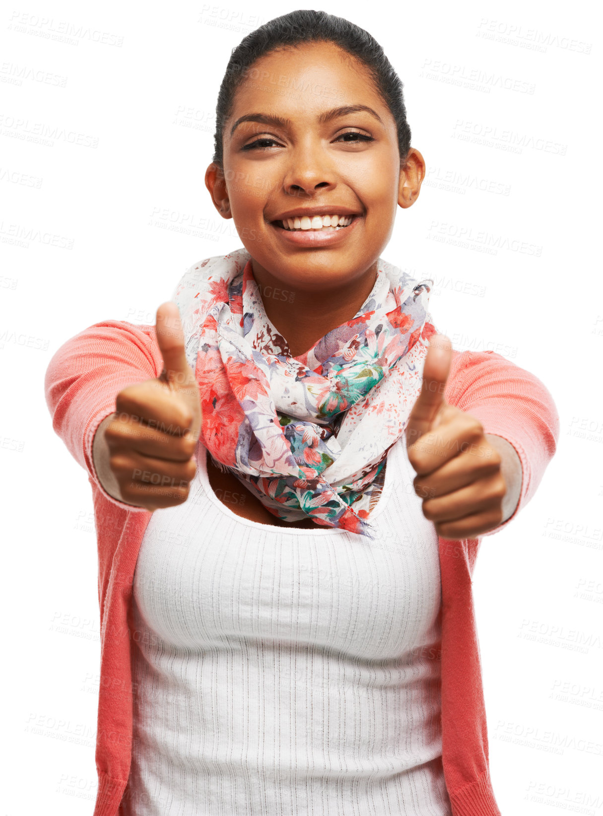 Buy stock photo Woman, portrait and thumbs up in studio for victory, thank you emoji and white background. Female person, feedback and symbol to vote or review for support, Jamaica and motivation icon for promotion