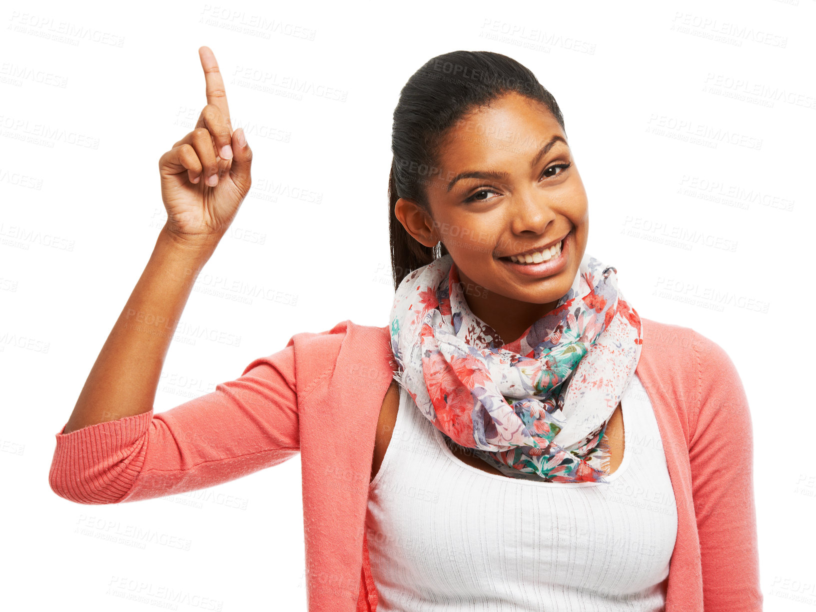 Buy stock photo Happy, pointing up and portrait of woman in studio for promotion, advertising and deal. Mockup space, hand gesture and isolated person for announcement, information and showing on white background