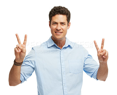 Buy stock photo Smile, peace sign and portrait of man in studio with feedback, review and vote on white background. Hands, icon and male person with symbol of V emoji for opinion, voice and freedom in harmony