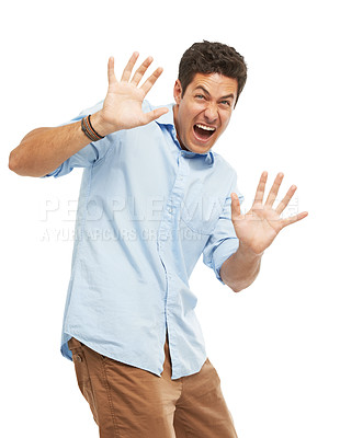 Buy stock photo Danger, fear and protection with palms of man in studio isolated on white background for reaction. Conflict, stress and surprise with scared person shouting to stop as victim of abuse or violence