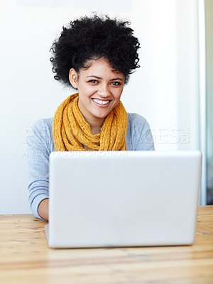Buy stock photo Portrait, laptop and happy woman or student with e learning platform, university registration or college application online. Face of African person on computer at desk for remote education or study