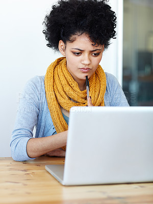 Buy stock photo Computer, pen and woman thinking in online education, ideas and planning university, college or school application. Decision, choice and african person on laptop, e learning web or internet research
