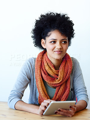 Buy stock photo tablet, ideas and woman thinking in online education, scholarship and university, college or school application. Decision, choice and african person on digital technology, e learning web and planning