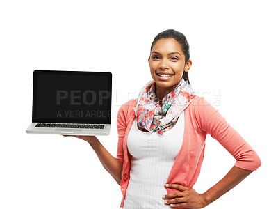 Buy stock photo A pretty young woman holding a notebook while isolated on a white background