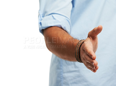 Buy stock photo Cropped image of a young man offering you a handshake while isolated on white