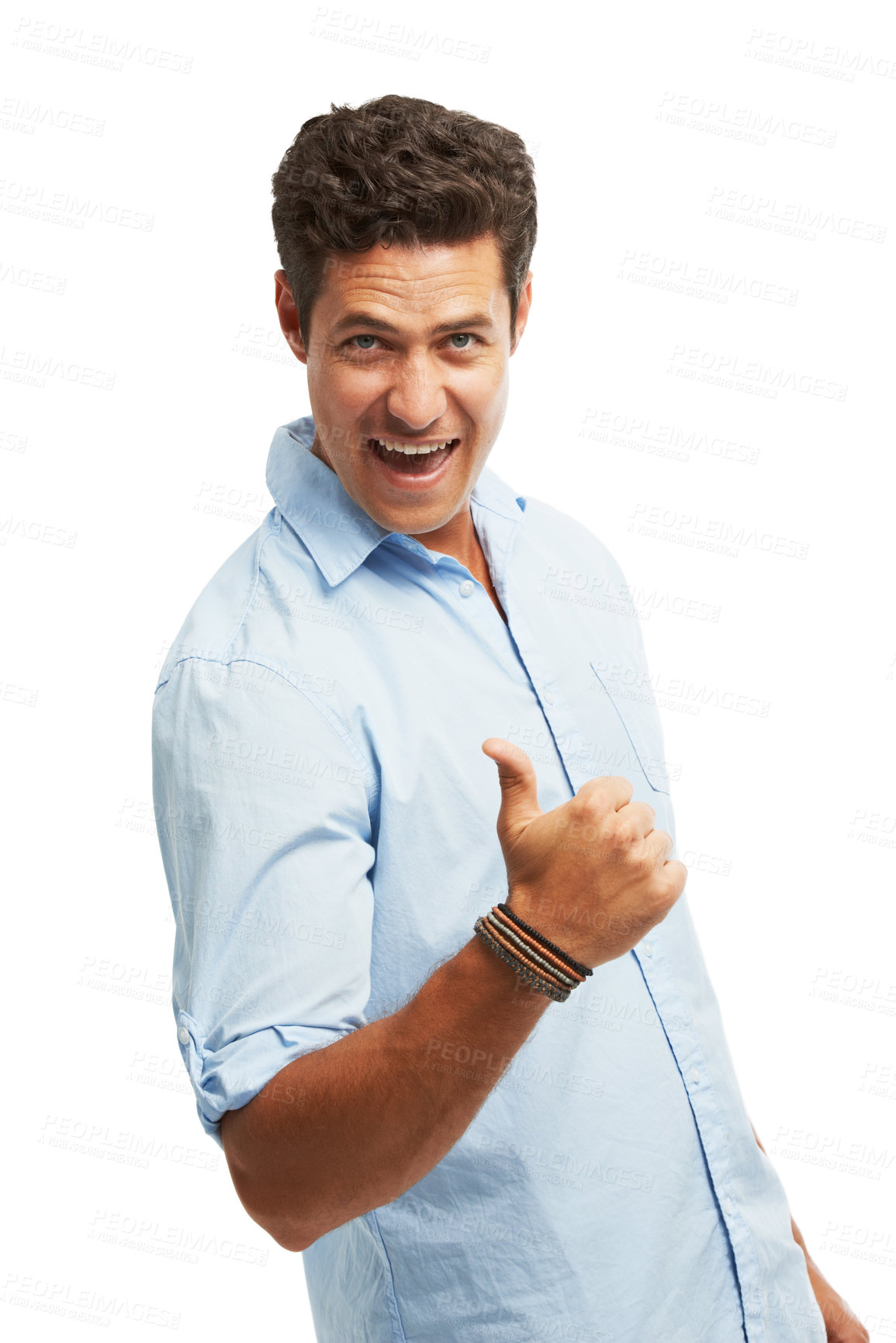 Buy stock photo Studio, like and portrait of man with thumbs up for good news, happy celebration or deal success. Creative, agreement and person with achievement, yes hand gesture and winning on white background