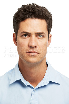 Buy stock photo Head and shoulders portrait of a handsome young man looking at you seriously
