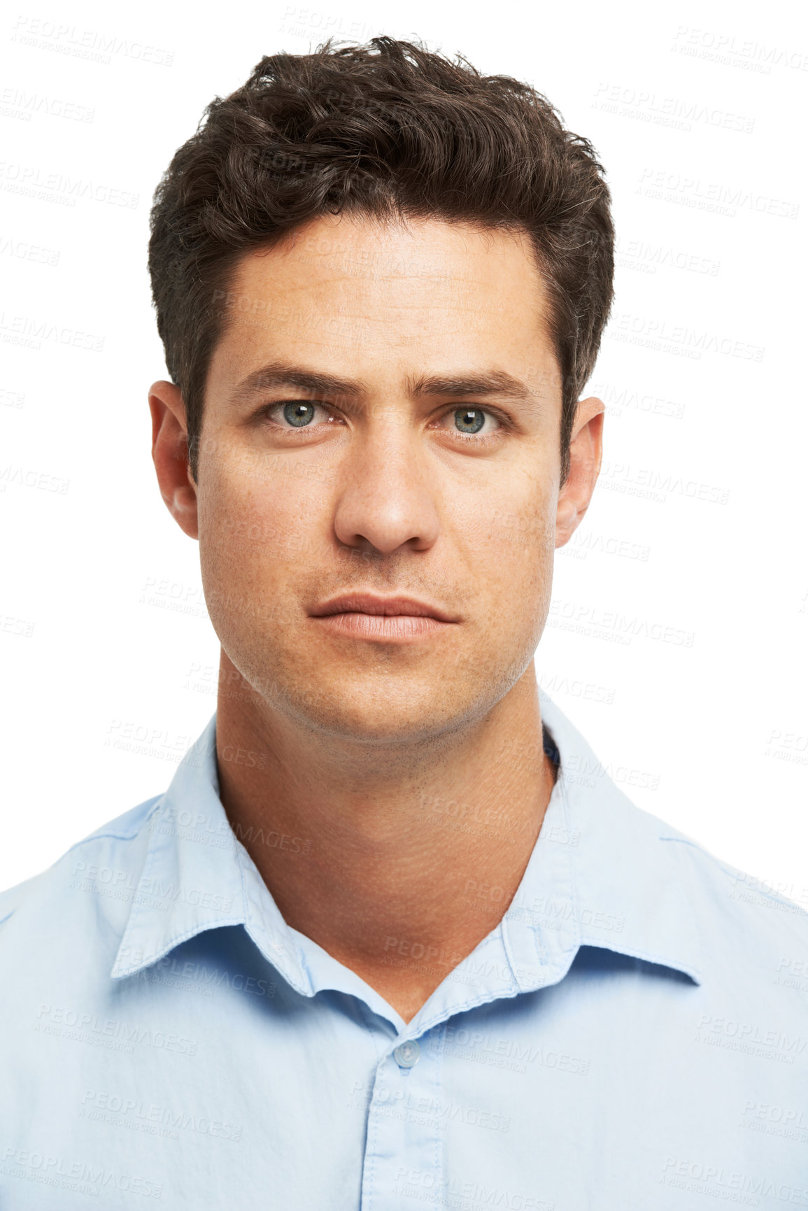 Buy stock photo Head and shoulders portrait of a handsome young man looking at you seriously