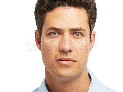 Buy stock photo Closeup portrait of a handsome young man looking at you seriously - isolated