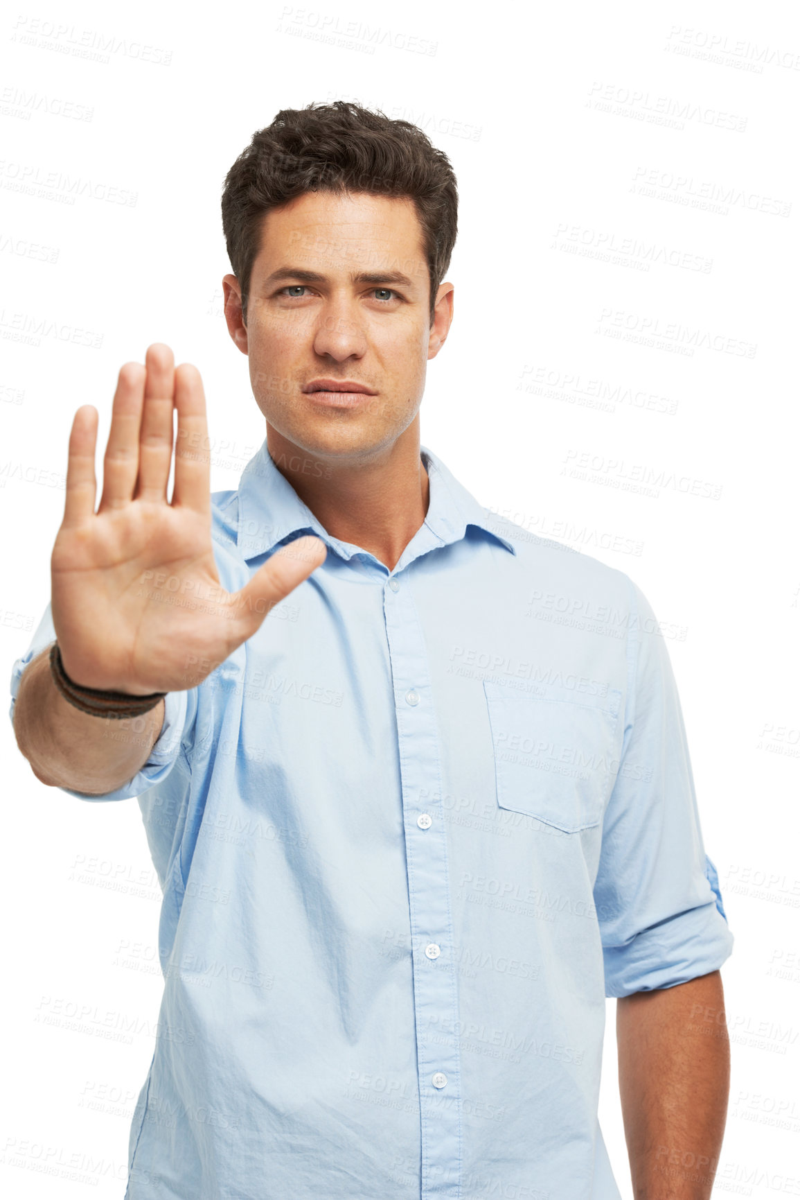 Buy stock photo Stop, hand and portrait of man with warning, danger or rejection gesture for compliance in studio. Safety risk, wait and person with no sign, emoji or security block for consent on white background 