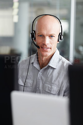 Buy stock photo Call center, man and consultant portrait in office communication, tech support and computer software. Face of IT agent, web advisor or person for information technology, helping and customer services