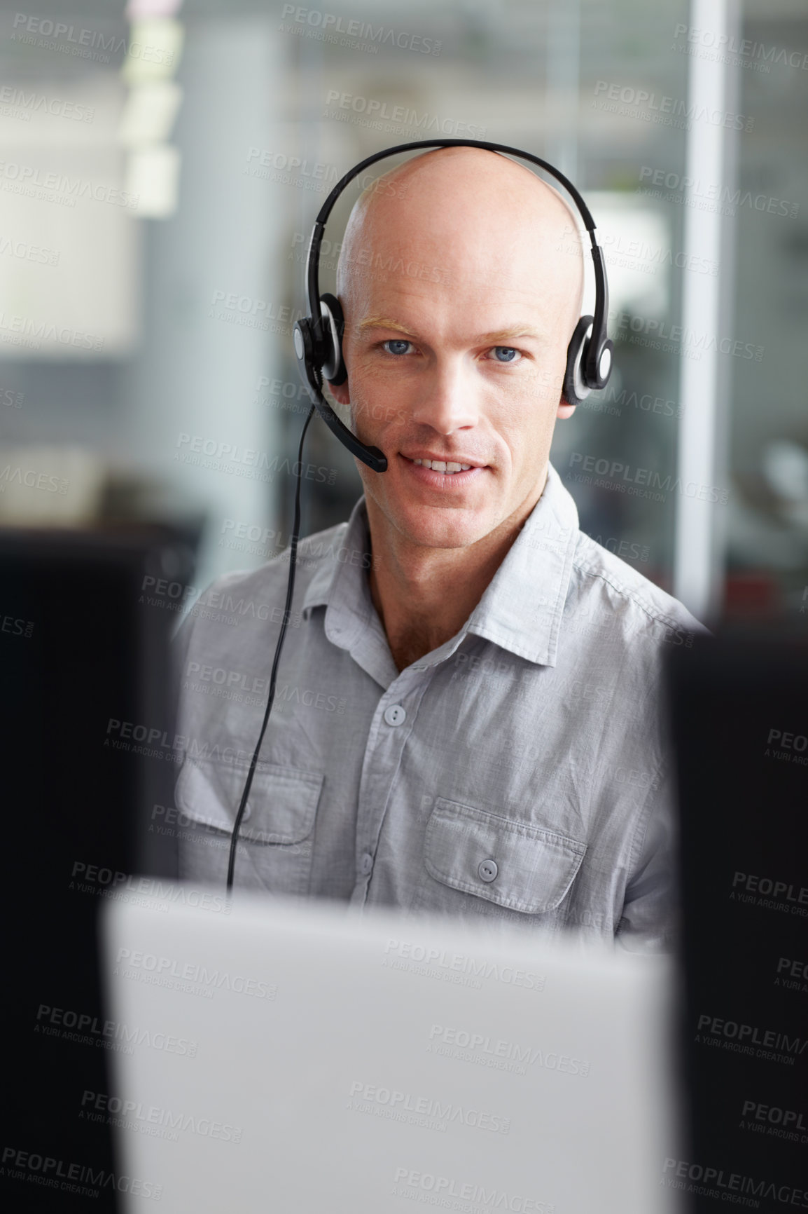 Buy stock photo Call center, man and consultant portrait in office communication, tech support and computer software. Face of IT agent, web advisor or person for information technology, helping and customer services