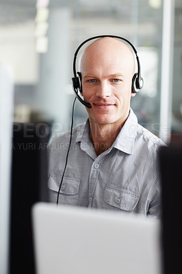 Buy stock photo Call center, man and portrait in office communication, technical support, information technology and computer. Face of IT agent, web consultant or person with tech job for client or customer service